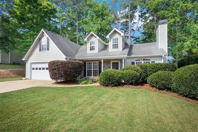 5410 Lenox Park Pl, Buford, GA 30518 - new england style home with concrete driveway, a front yard, and a chimney