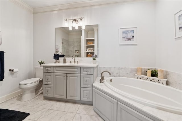 77 Peachtree Pl NE Unit 101, Atlanta, GA 30309 - full bath with vanity, ornamental molding, a stall shower, a garden tub, and marble finish floors
