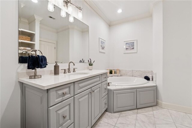 77 Peachtree Pl NE Unit 101, Atlanta, GA 30309 - full bath featuring vanity, crown molding, a garden tub, and marble finish flooring