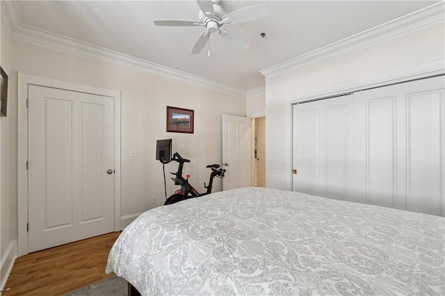 77 Peachtree Pl NE Unit 101, Atlanta, GA 30309 - bedroom featuring ornamental molding, wood finished floors, a closet, and a ceiling fan