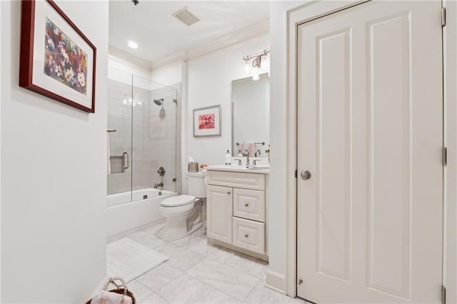 77 Peachtree Pl NE Unit 101, Atlanta, GA 30309 - full bathroom featuring vanity, shower / bath combination with glass door, crown molding, marble finish floors, and recessed lighting