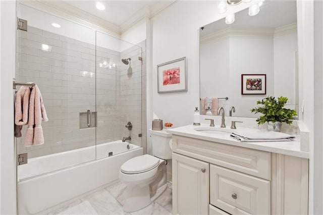 77 Peachtree Pl NE Unit 101, Atlanta, GA 30309 - full bathroom with vanity, ornamental molding, bath / shower combo with glass door, and marble finish floors