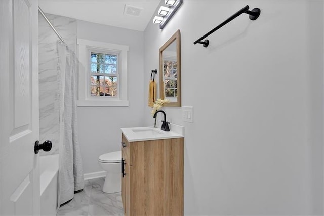 full bathroom featuring toilet, shower / bath combination with curtain, and vanity