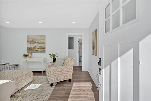 interior space with electric panel and dark wood-type flooring