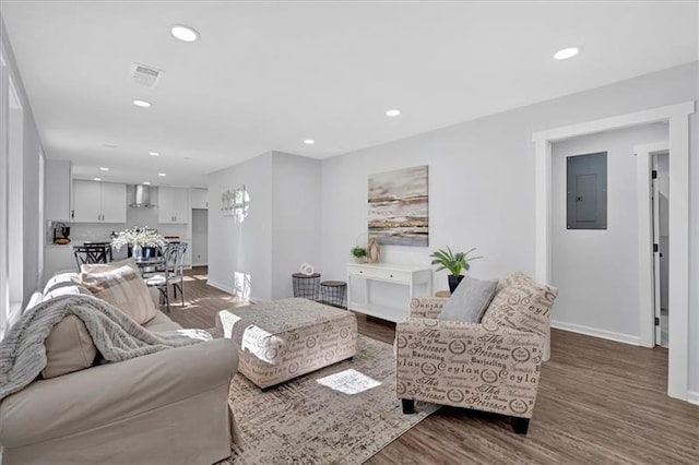 living room featuring electric panel and dark hardwood / wood-style floors