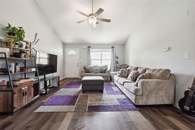 living room featuring lofted ceiling, dark hardwood / wood-style flooring, and a textured ceiling