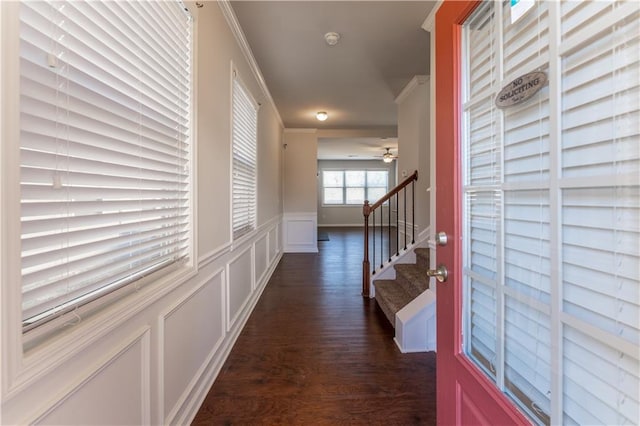 corridor featuring dark hardwood / wood-style floors and crown molding