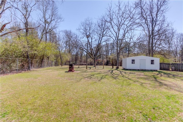 view of yard featuring an outbuilding and a fenced backyard