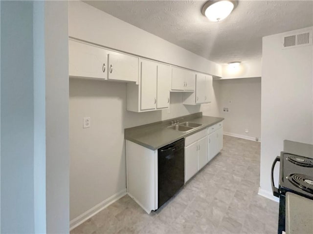 kitchen with electric stove, sink, dishwasher, white cabinetry, and a textured ceiling