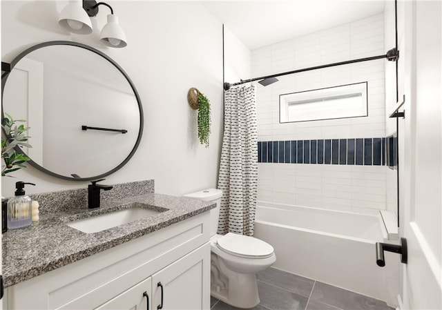 full bathroom featuring tile patterned flooring, shower / bathtub combination with curtain, toilet, and vanity