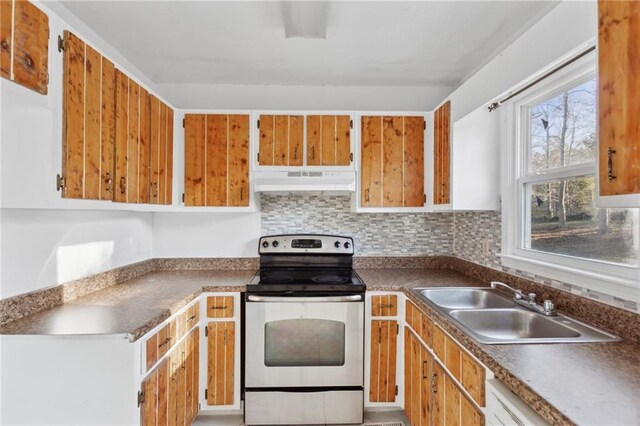 kitchen featuring stainless steel range with electric stovetop, sink, white dishwasher, and backsplash