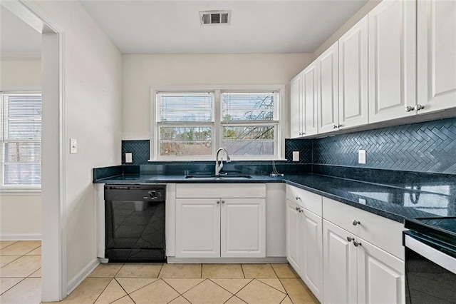 3723 Glenwood Rd, Decatur, GA 30032 - kitchen featuring black appliances, a sink, light tile patterned flooring, backsplash, and white cabinetry
