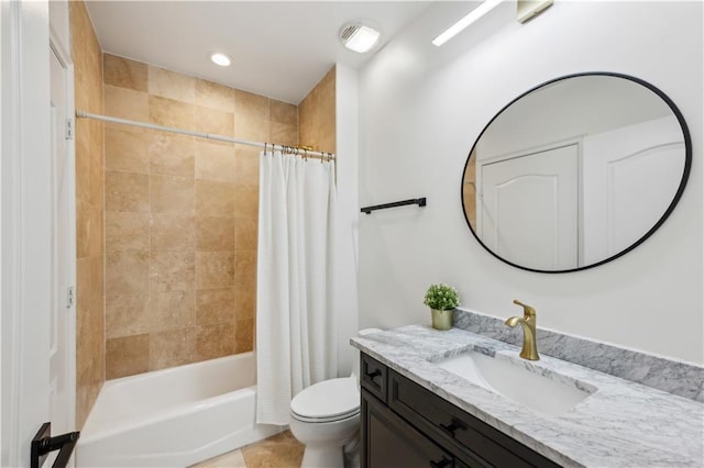 bathroom featuring toilet, recessed lighting, shower / bath combination with curtain, and vanity