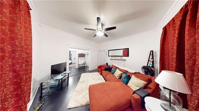 interior space featuring ceiling fan, dark hardwood / wood-style flooring, and ornamental molding