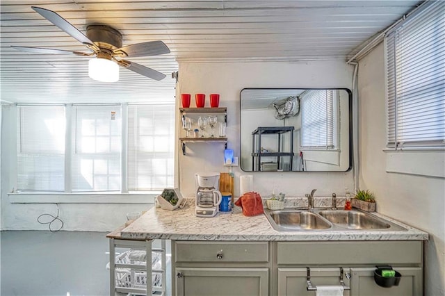 kitchen with concrete flooring, ceiling fan, wooden ceiling, and sink