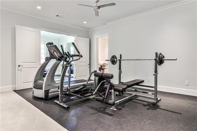 exercise area with crown molding, ceiling fan, visible vents, recessed lighting, and baseboards