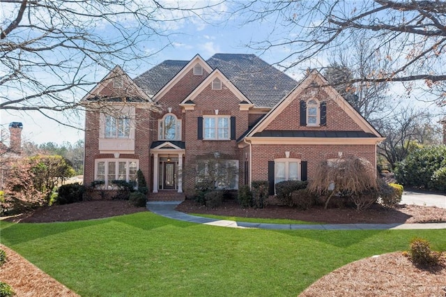 view of front of property with brick siding and a front lawn