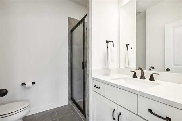 bathroom with tile patterned flooring, vanity, toilet, and walk in shower