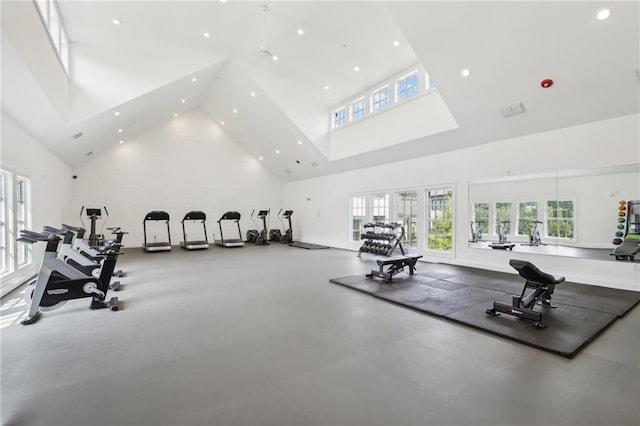 gym with high vaulted ceiling and french doors