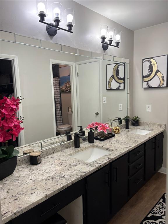 bathroom with double vanity, toilet, wood finished floors, an inviting chandelier, and a sink