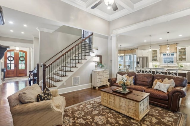 living room featuring ceiling fan, recessed lighting, stairway, dark wood finished floors, and baseboards