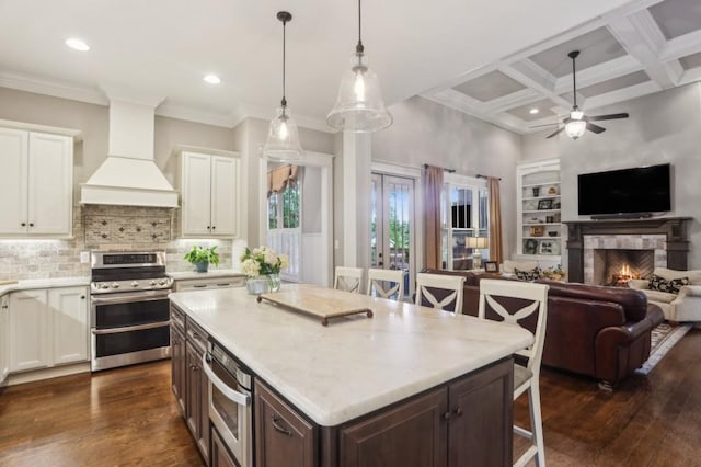 kitchen with appliances with stainless steel finishes, premium range hood, open floor plan, ceiling fan, and light countertops