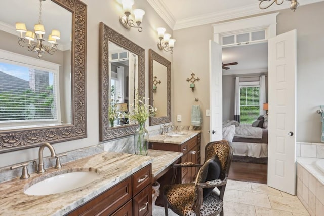 full bathroom with a chandelier, ornamental molding, ensuite bathroom, a ceiling fan, and vanity