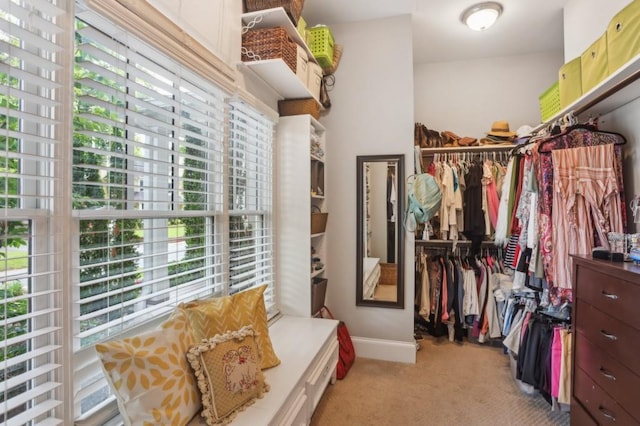 walk in closet with light carpet