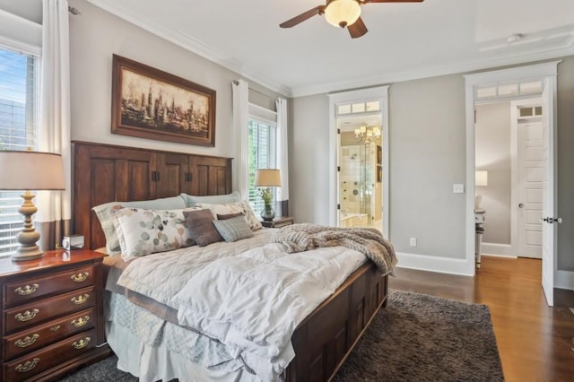 bedroom with dark wood-type flooring, ornamental molding, baseboards, connected bathroom, and a ceiling fan