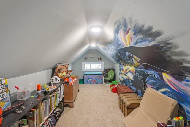 game room with carpet and vaulted ceiling