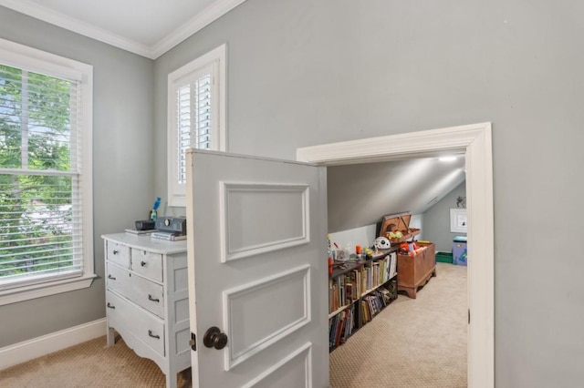 corridor featuring light colored carpet, healthy amount of natural light, crown molding, and baseboards
