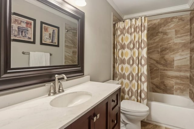 full bath featuring toilet, vanity, shower / bath combo with shower curtain, and crown molding