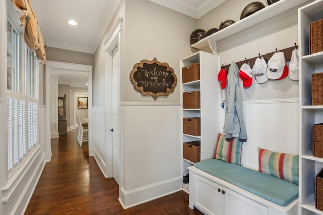 mudroom featuring wainscoting, dark wood-style floors, crown molding, and recessed lighting