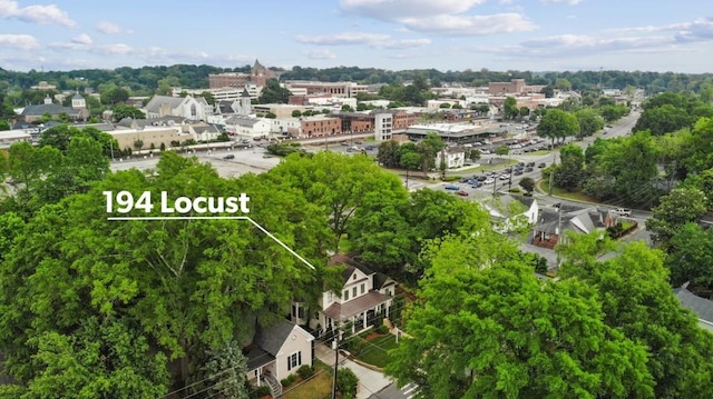drone / aerial view of a tree filled landscape
