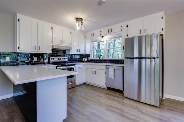 216 Hickory Way, Canton, GA 30115 - kitchen with stainless steel appliances, under cabinet range hood, a peninsula, and light wood-type flooring
