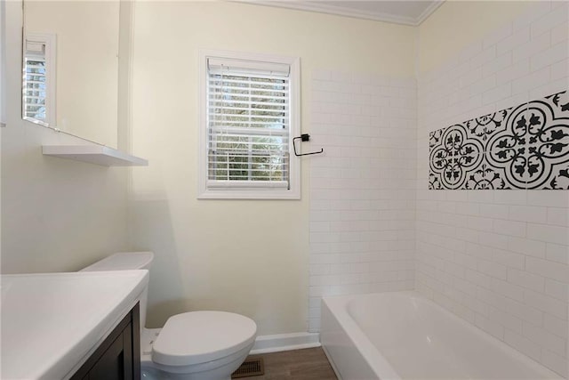 full bathroom featuring visible vents, crown molding, baseboards, toilet, and vanity