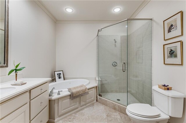 full bathroom with toilet, vanity, a shower stall, a bath, and crown molding