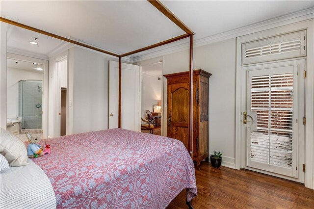 bedroom with access to exterior, crown molding, connected bathroom, wood finished floors, and baseboards