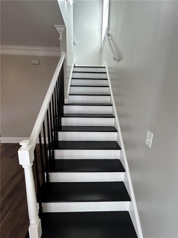 stairs featuring hardwood / wood-style floors and crown molding