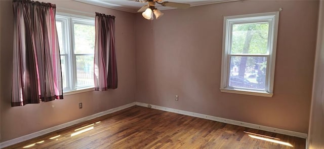 spare room with ceiling fan, wood-type flooring, and plenty of natural light