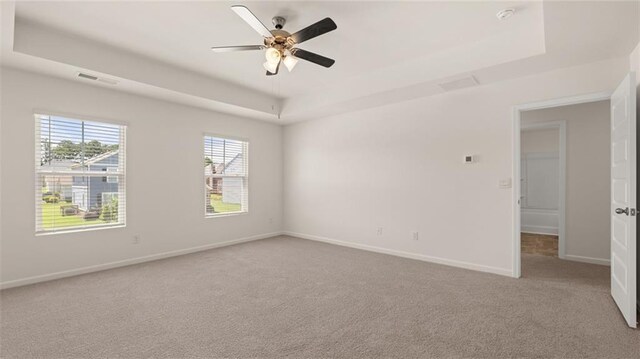 spare room featuring light carpet, a raised ceiling, and ceiling fan