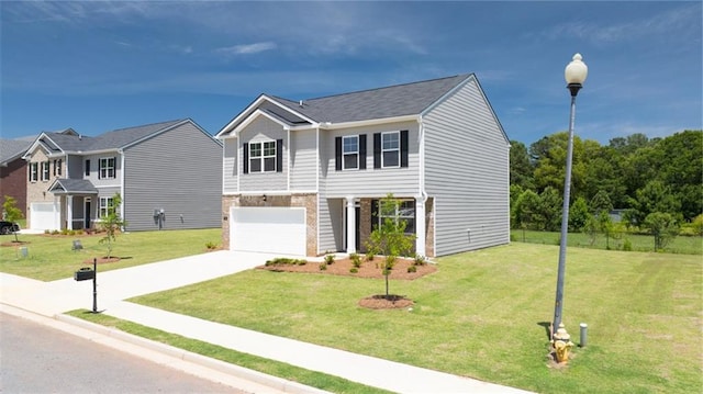 view of front of property with a garage and a front lawn