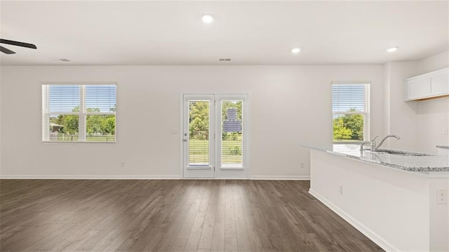 interior space with dark wood-type flooring, ceiling fan, and sink