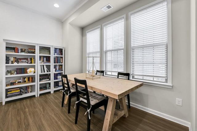 dining space featuring a healthy amount of sunlight and dark wood-type flooring