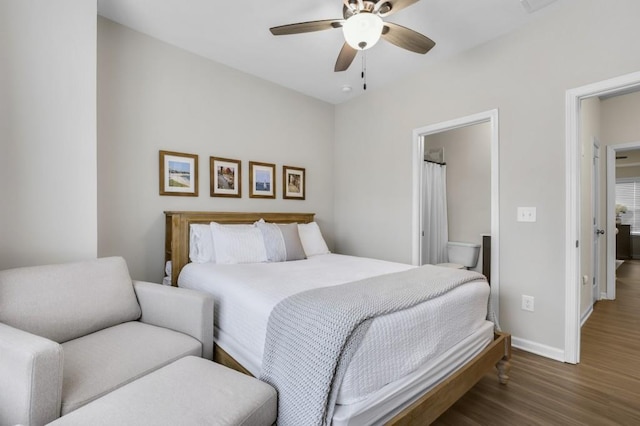 bedroom featuring dark hardwood / wood-style floors and ceiling fan