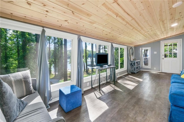 sunroom with wood ceiling, baseboards, vaulted ceiling, and wood finished floors