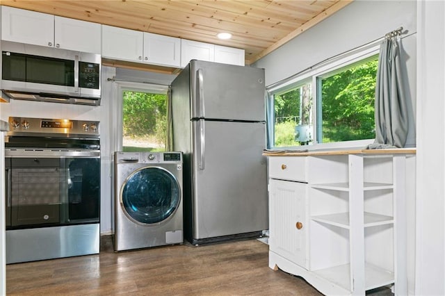 clothes washing area featuring washer / dryer, wooden ceiling, and dark wood-style flooring