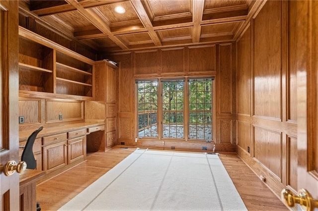 unfurnished office featuring wooden ceiling, built in desk, wood walls, and coffered ceiling