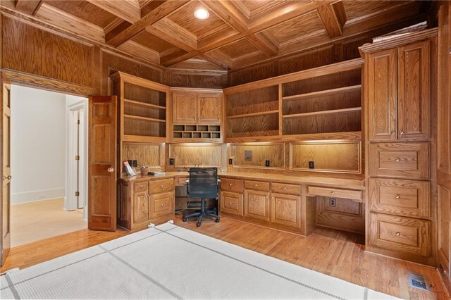 office with wooden ceiling, built in desk, beam ceiling, light hardwood / wood-style flooring, and coffered ceiling