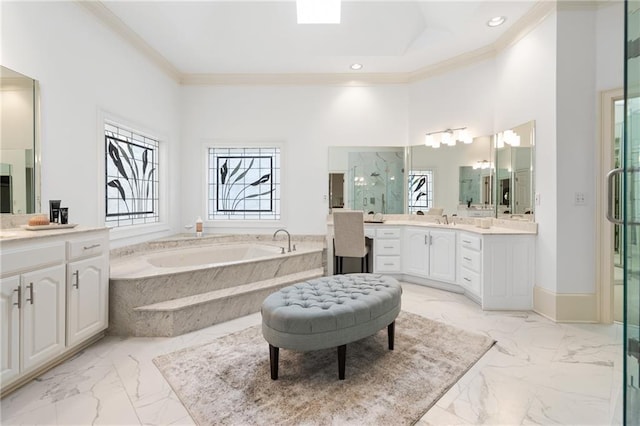 bathroom featuring a high ceiling, vanity, plus walk in shower, and crown molding